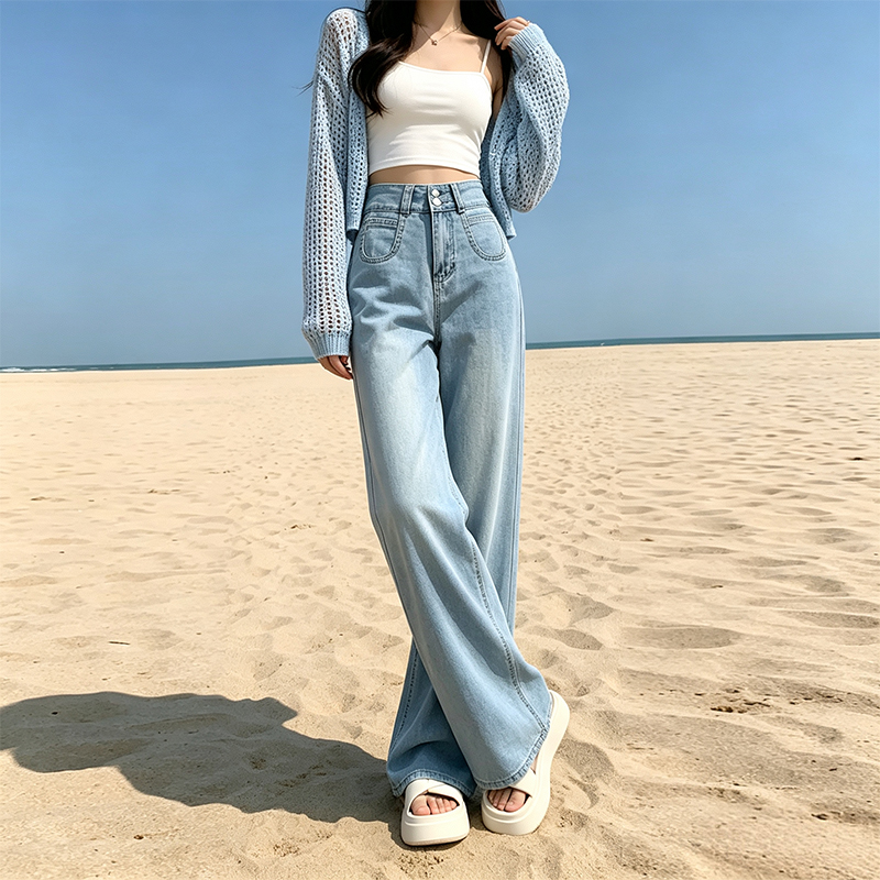 小個子萊賽爾軟牛仔闊腿褲女2026夏季九分薄款冰絲喇叭褲顯高褲子