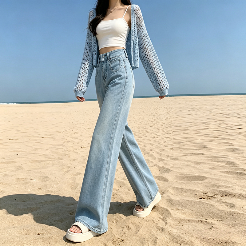 小個子萊賽爾軟牛仔闊腿褲女2026夏季九分薄款冰絲喇叭褲顯高褲子