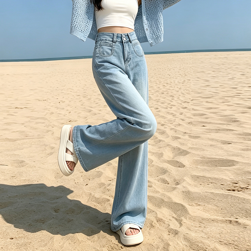 小個子萊賽爾軟牛仔闊腿褲女2026夏季九分薄款冰絲喇叭褲顯高褲子