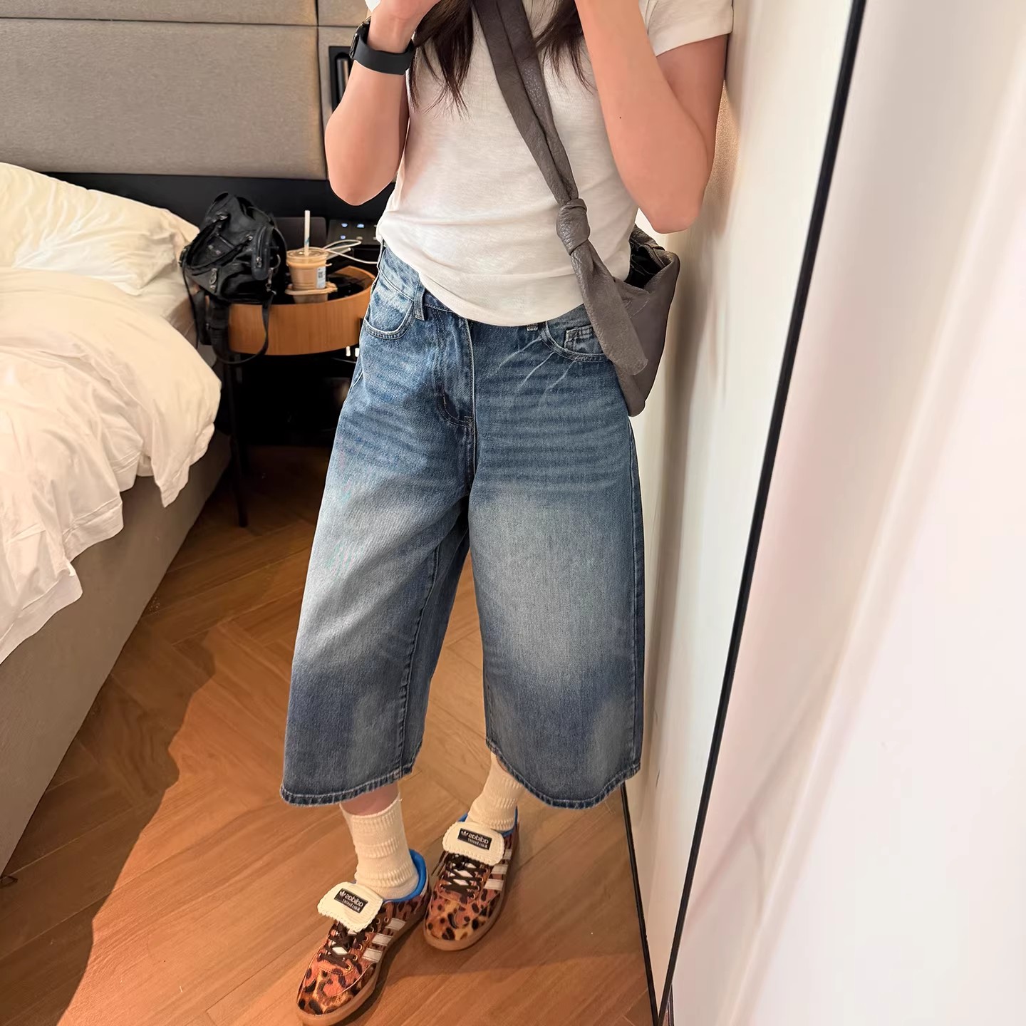 復古闊腿牛仔七分褲女夏季新款大碼胖mm寬松顯瘦梨型身材直筒褲子