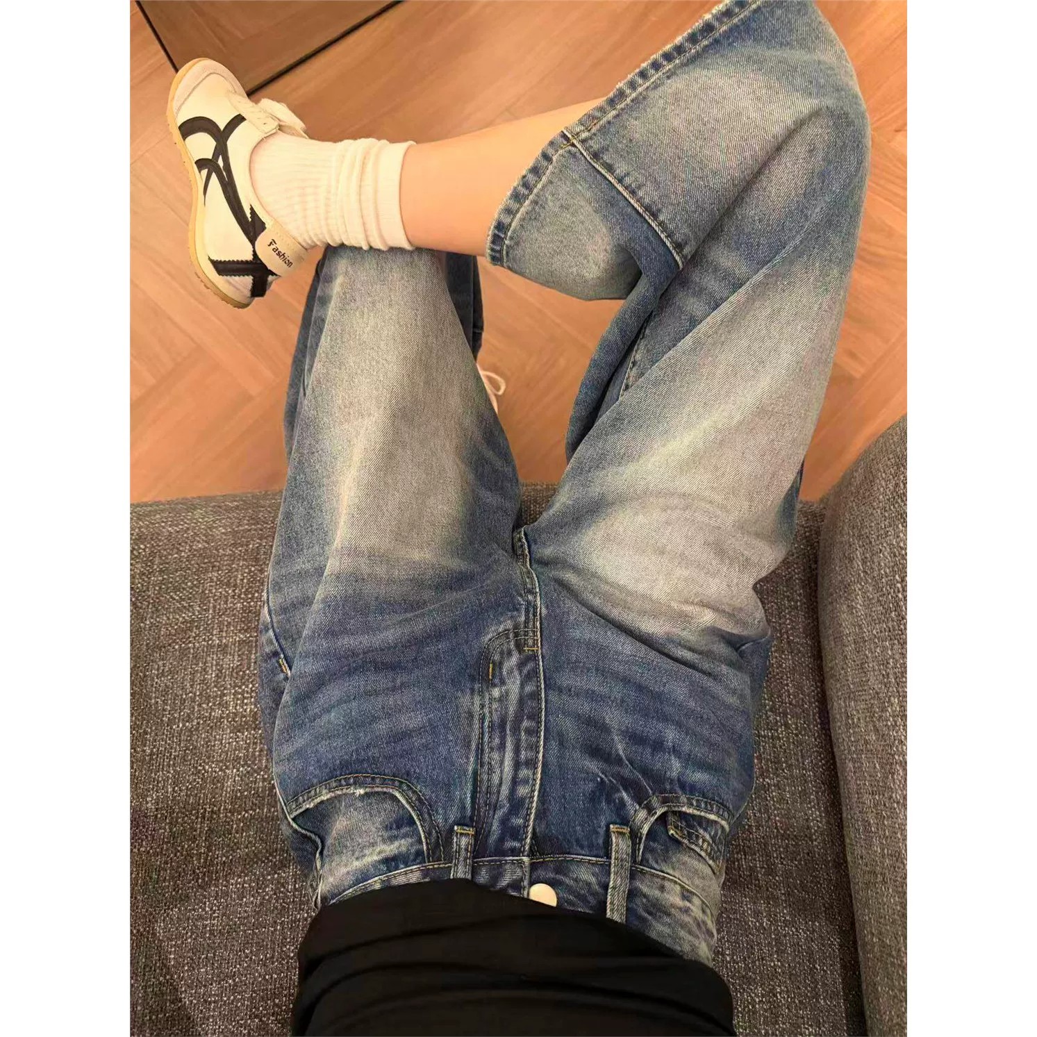 美式復古水洗裂紋闊腿七分牛仔褲女bf慵懶風寬松顯瘦直筒中褲夏季