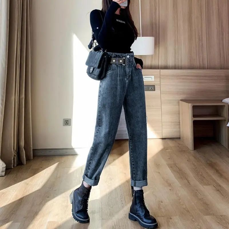 高腰牛仔褲女2026春秋新款復古顯瘦九分哈倫褲寬松休閑蘿卜老爹褲
