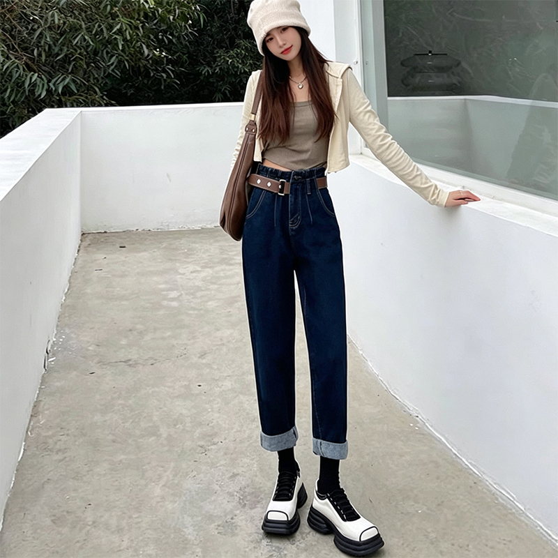 哈倫牛仔褲女2026年春夏季高腰顯瘦寬松闊腿設計感蘿卜老爹褲潮