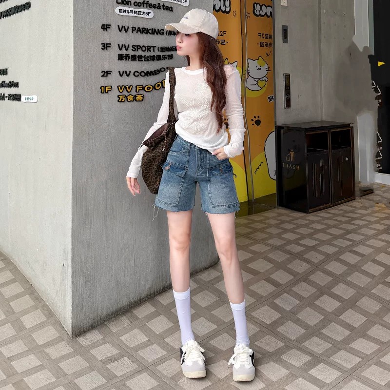方袋牛仔短褲女夏季薄款2026新款寬松顯瘦時尚毛邊修身高級短褲子