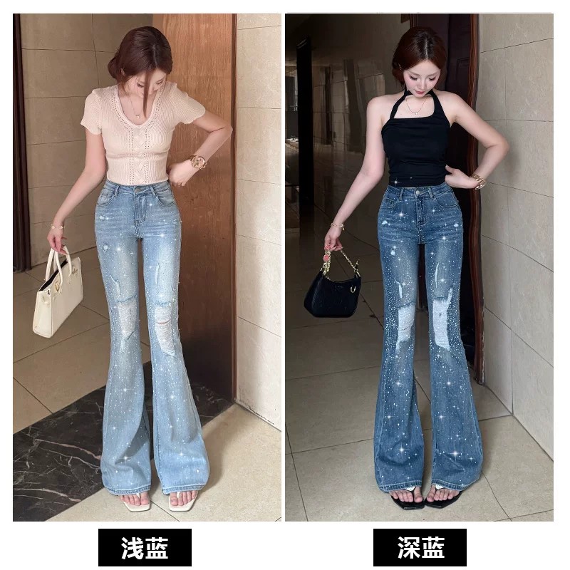 閃鉆破洞喇叭牛仔褲女夏季薄款2026新款寬松時尚純欲彈力拖地褲