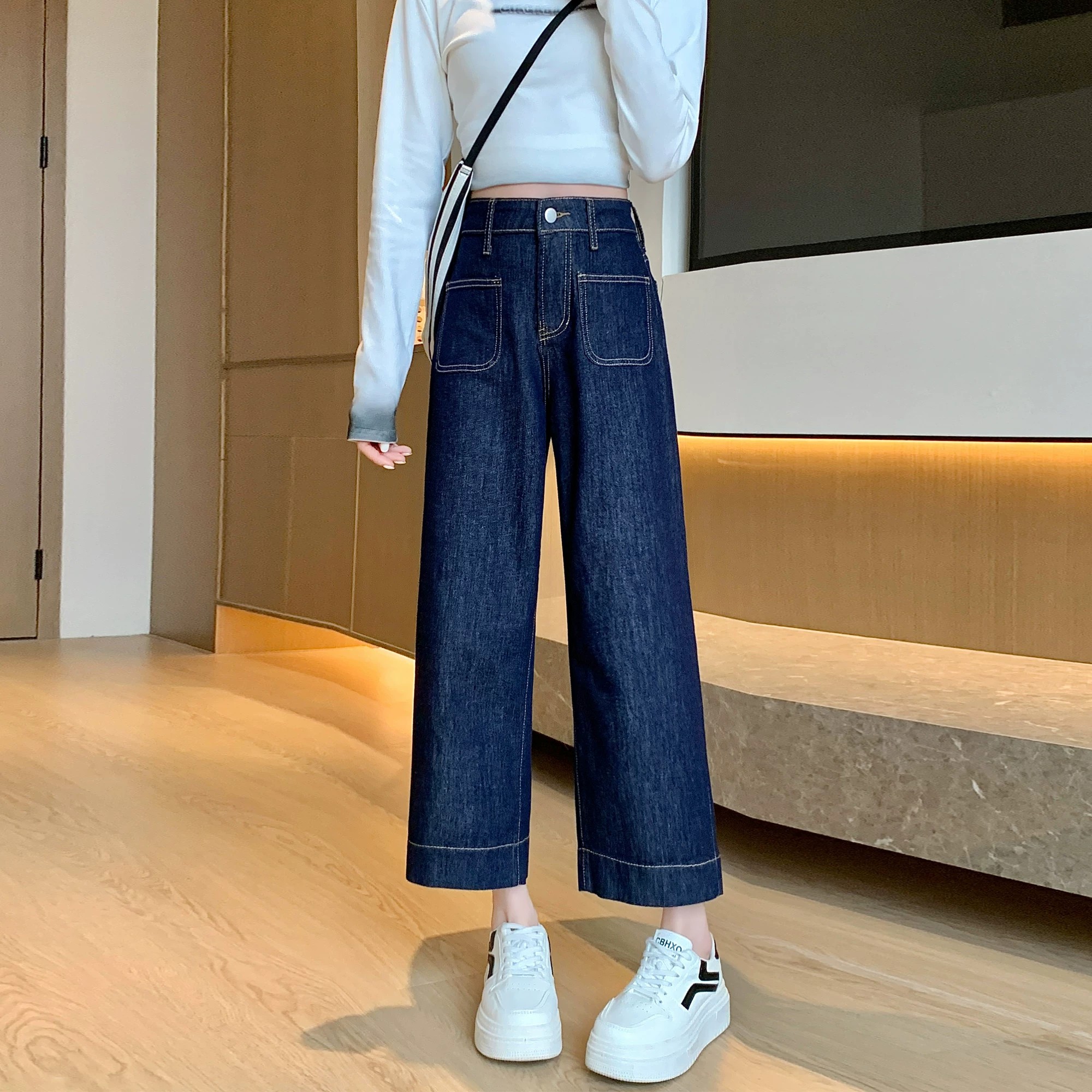 矮小個子145顯高簡約時尚牛仔褲女春夏新款寬松直筒八分闊腿褲XS