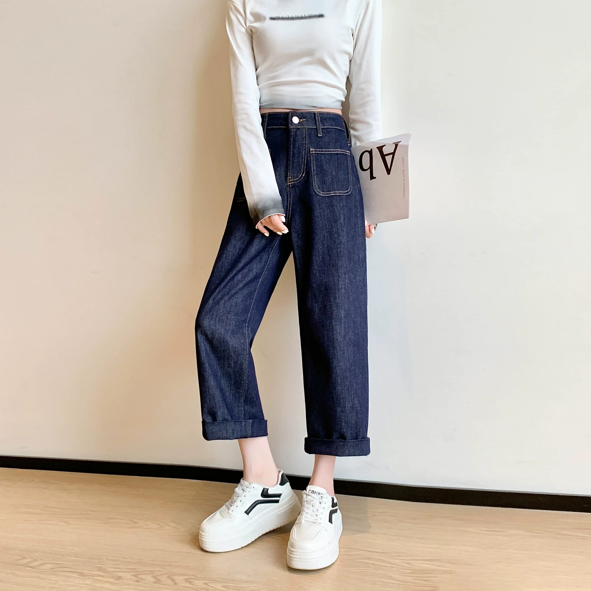 矮小個子145顯高簡約時尚牛仔褲女春夏新款寬松直筒八分闊腿褲XS