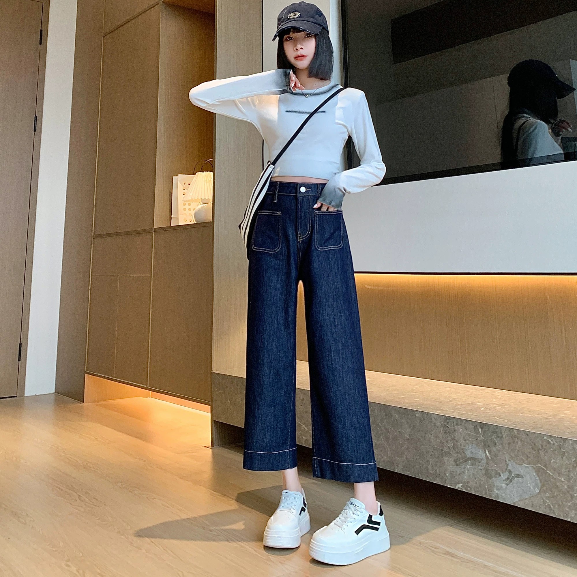 矮小個子145顯高簡約時尚牛仔褲女春夏新款寬松直筒八分闊腿褲XS