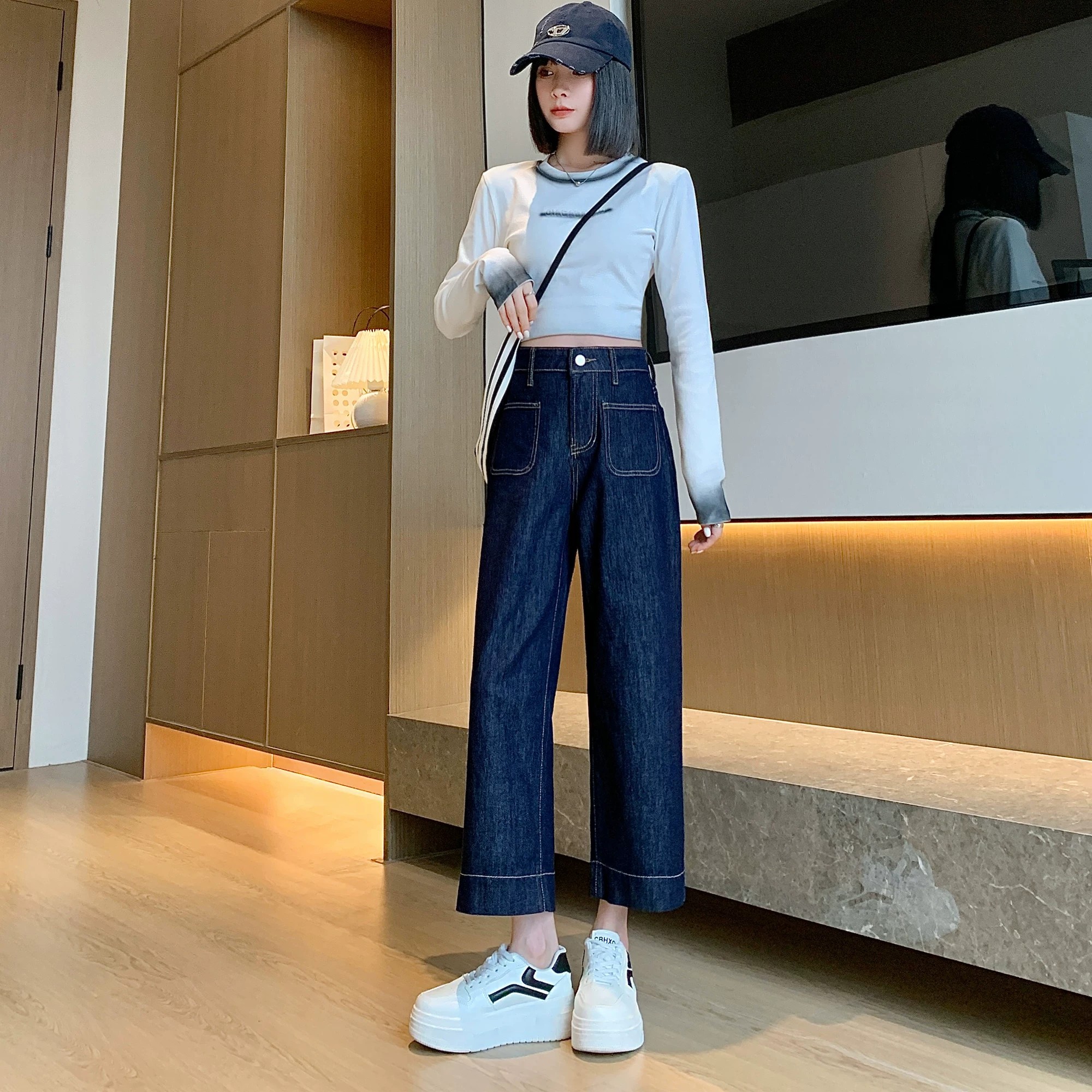 矮小個子145顯高簡約時尚牛仔褲女春夏新款寬松直筒八分闊腿褲XS