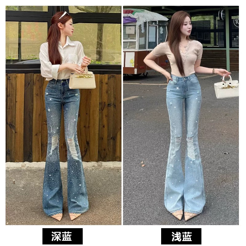 破洞閃鉆喇叭牛仔褲女春夏季2026新款純欲顯瘦女神設計感拖地褲子