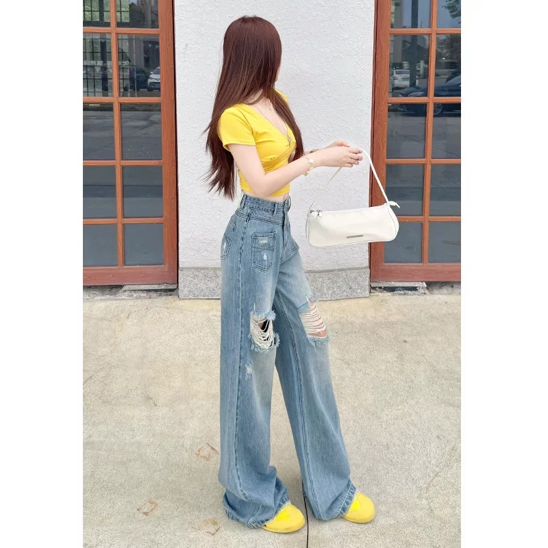 破洞闊腿牛仔褲女春夏季2026新款寬松顯瘦遮肉洋氣潮流百搭直筒褲