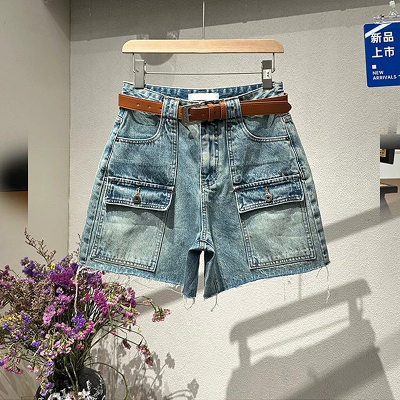 歐貨復古重工高腰毛邊牛仔短褲女夏2026新款寬松顯瘦闊腿a字熱褲