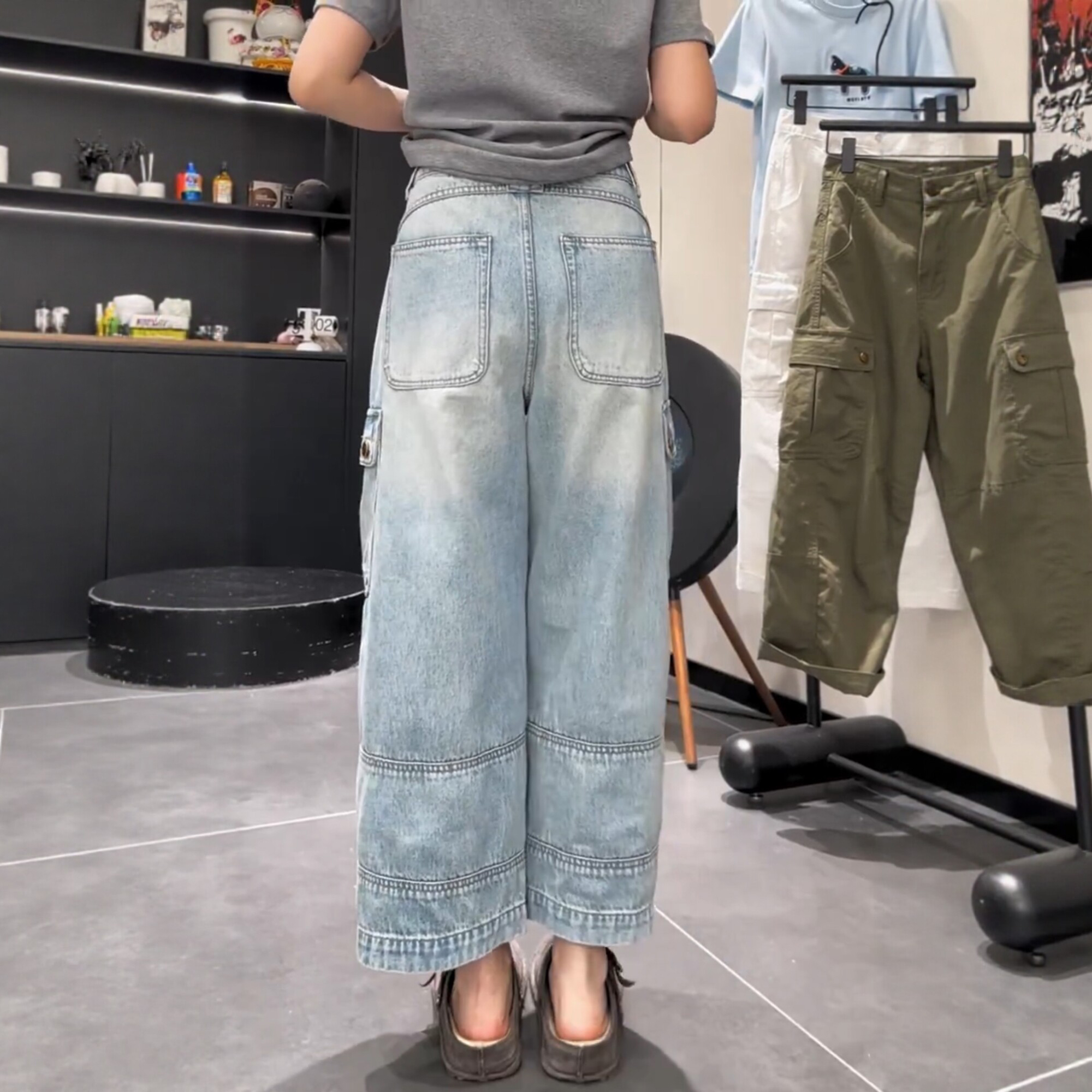藍色口袋直筒工裝牛仔褲女夏季2026年新款時尚高腰寬松闊腿九分褲