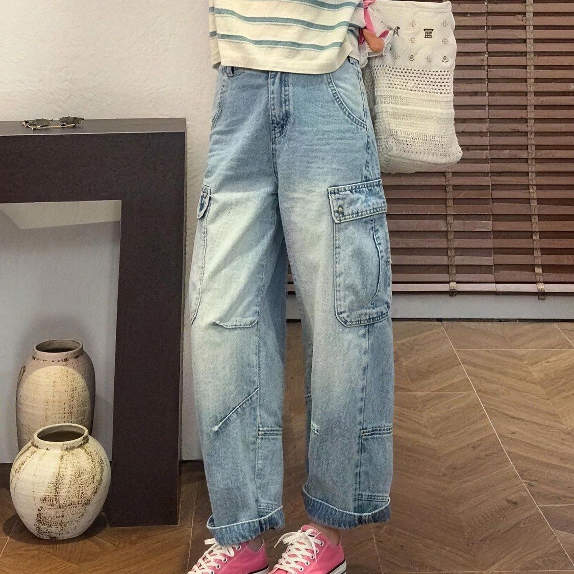 小個子美式闊腿牛仔褲女春夏薄款2026新款顯瘦寬松九分直筒褲子