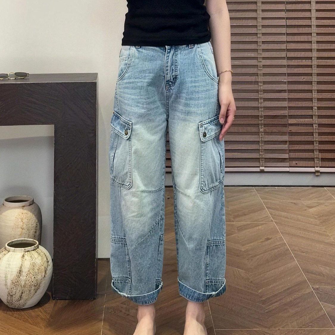 小個子美式闊腿牛仔褲女春夏薄款2026新款顯瘦寬松九分直筒褲子