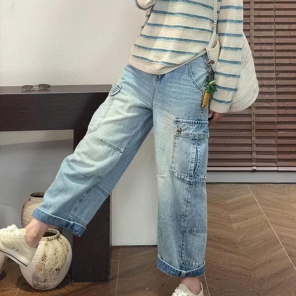 小個子美式闊腿牛仔褲女春夏薄款2026新款顯瘦寬松九分直筒褲子