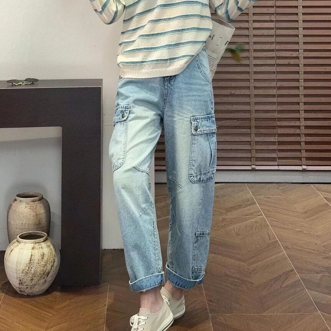 小個子美式闊腿牛仔褲女春夏薄款2026新款顯瘦寬松九分直筒褲子