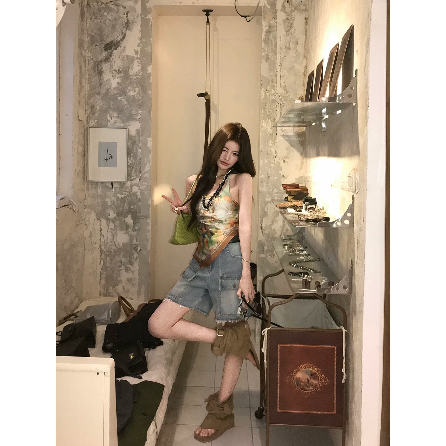 地球店miu系穿搭復古做舊口袋寬松工裝直筒牛仔褲短褲子女小個子