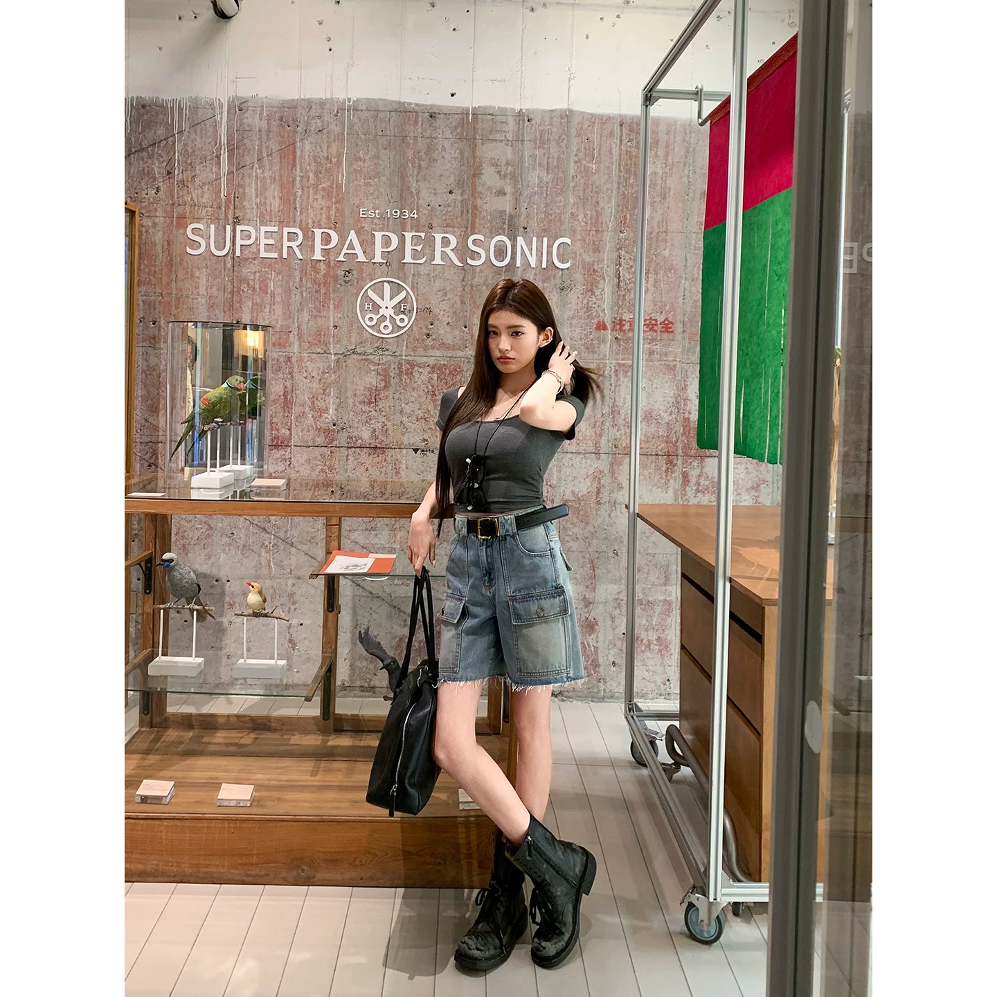 地球店miu系穿搭復古做舊口袋寬松工裝直筒牛仔褲短褲子女小個子