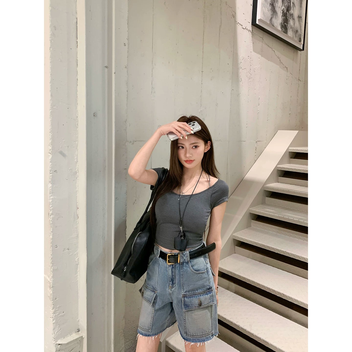 地球店miu系穿搭復古做舊口袋寬松工裝直筒牛仔褲短褲子女小個子