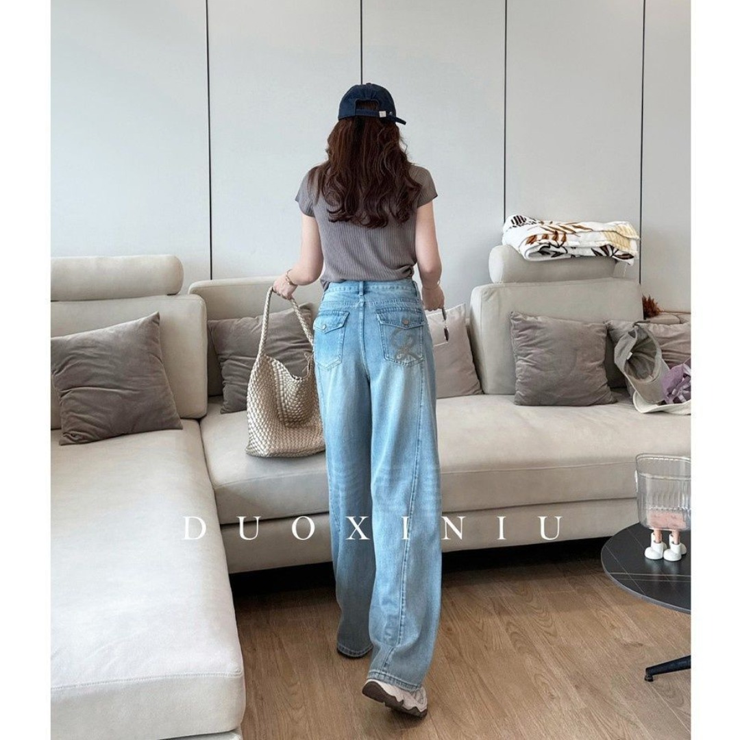 小個子淺色刺繡牛仔褲2026春季高腰寬松新款直筒褲顯瘦彎刀闊腿褲