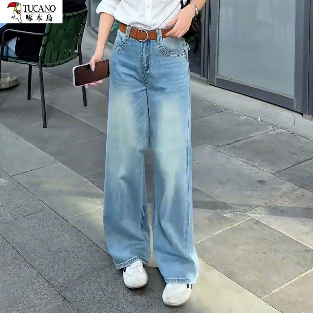 今年流行刺繡闊腿牛仔褲女2026春季爆款小個子淺色顯瘦休閑彎刀褲