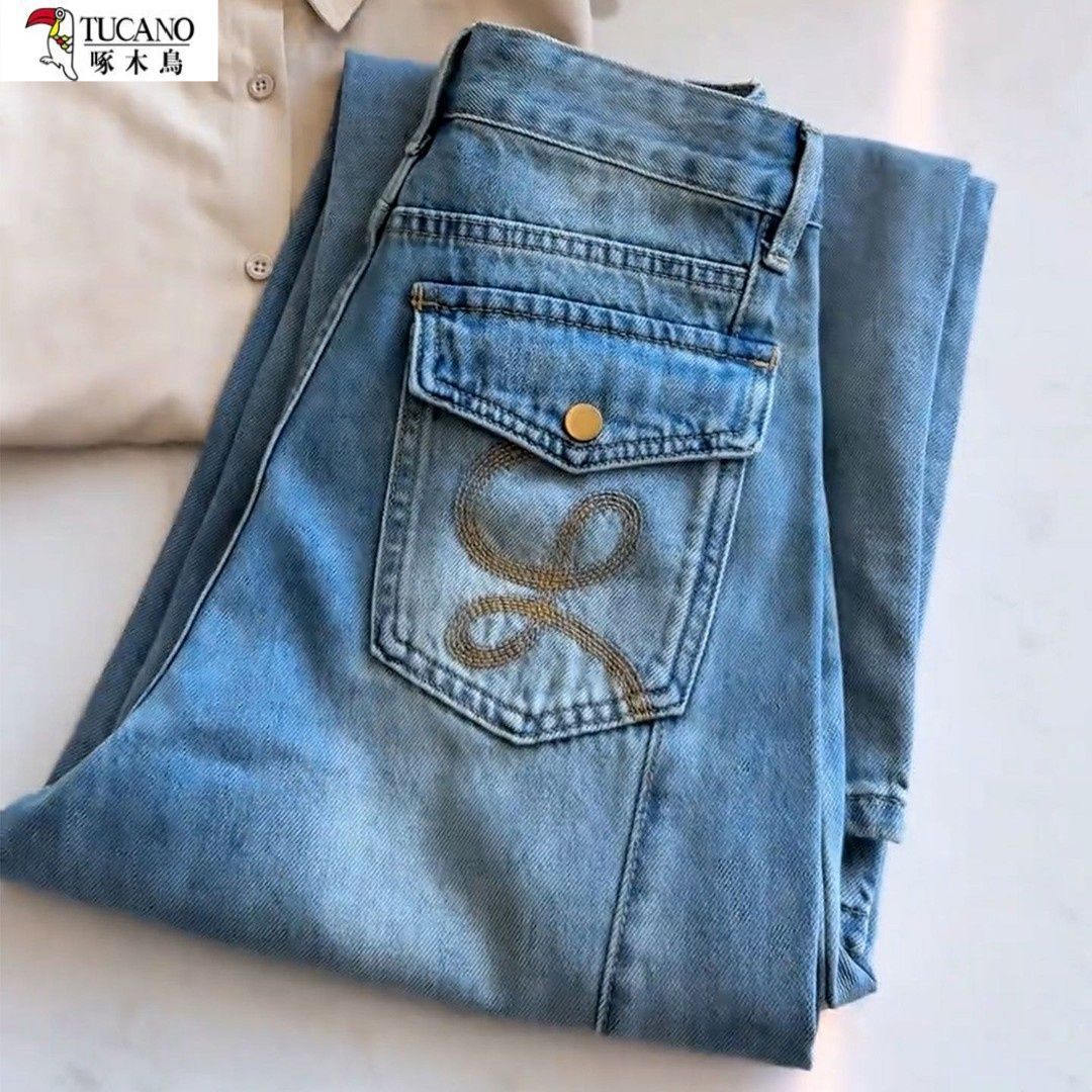 今年流行刺繡闊腿牛仔褲女2026春季爆款小個子淺色顯瘦休閑彎刀褲