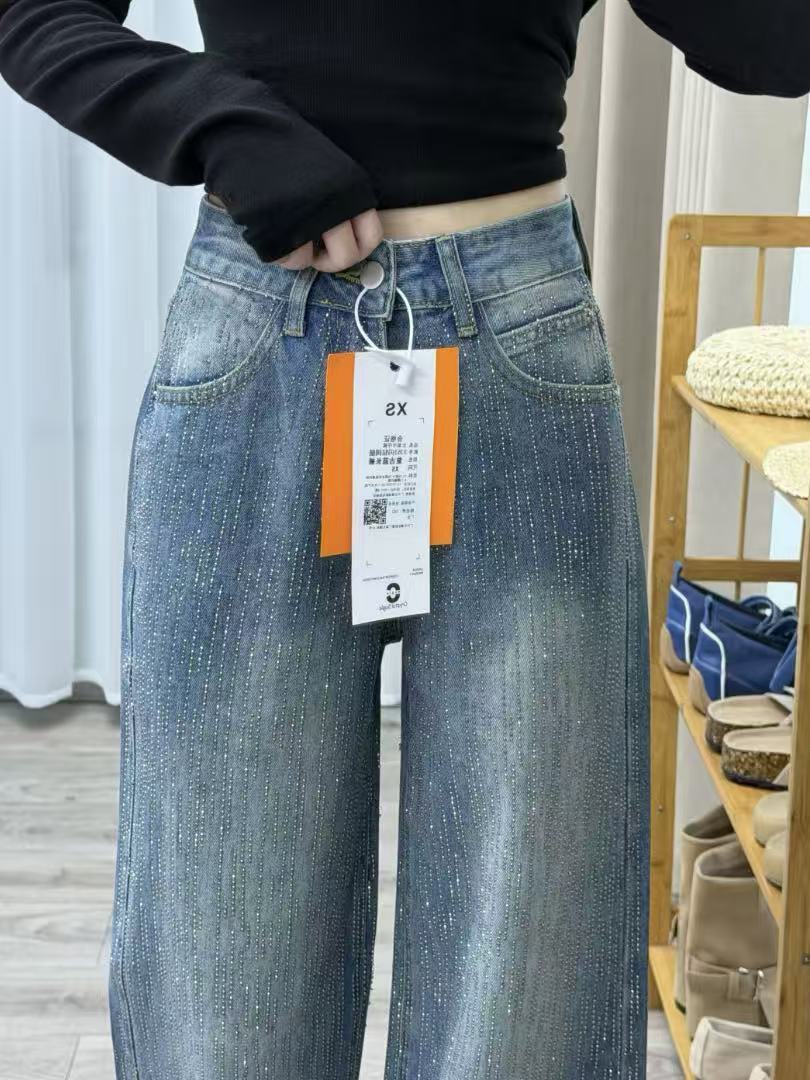 美式燙鉆牛仔褲女新款設計感滿天星寬松顯瘦直筒拖地闊腿長褲子潮