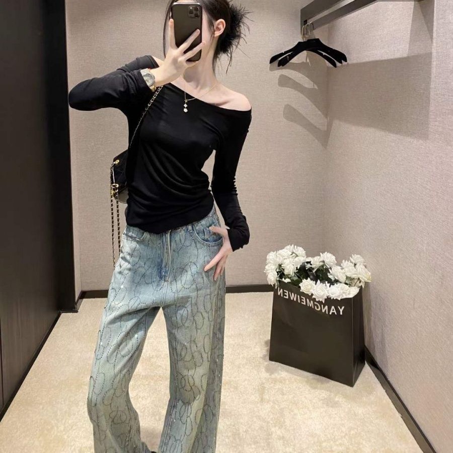 璀璨星光~重工燙鉆水洗淺色牛仔褲女2026新款春夏高腰寬松闊腿褲
