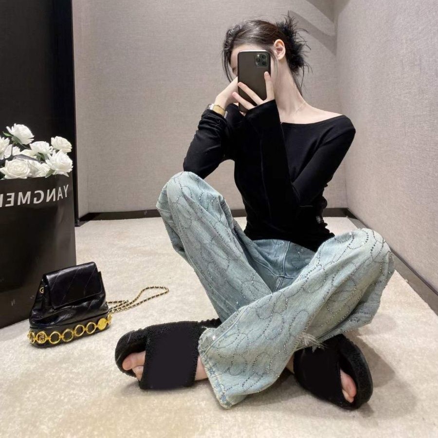 璀璨星光~重工燙鉆水洗淺色牛仔褲女2026新款春夏高腰寬松闊腿褲