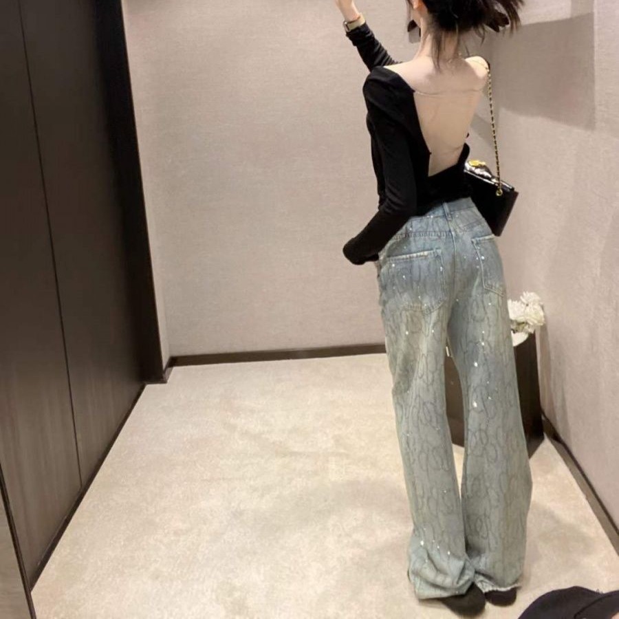 璀璨星光~重工燙鉆水洗淺色牛仔褲女2026新款春夏高腰寬松闊腿褲