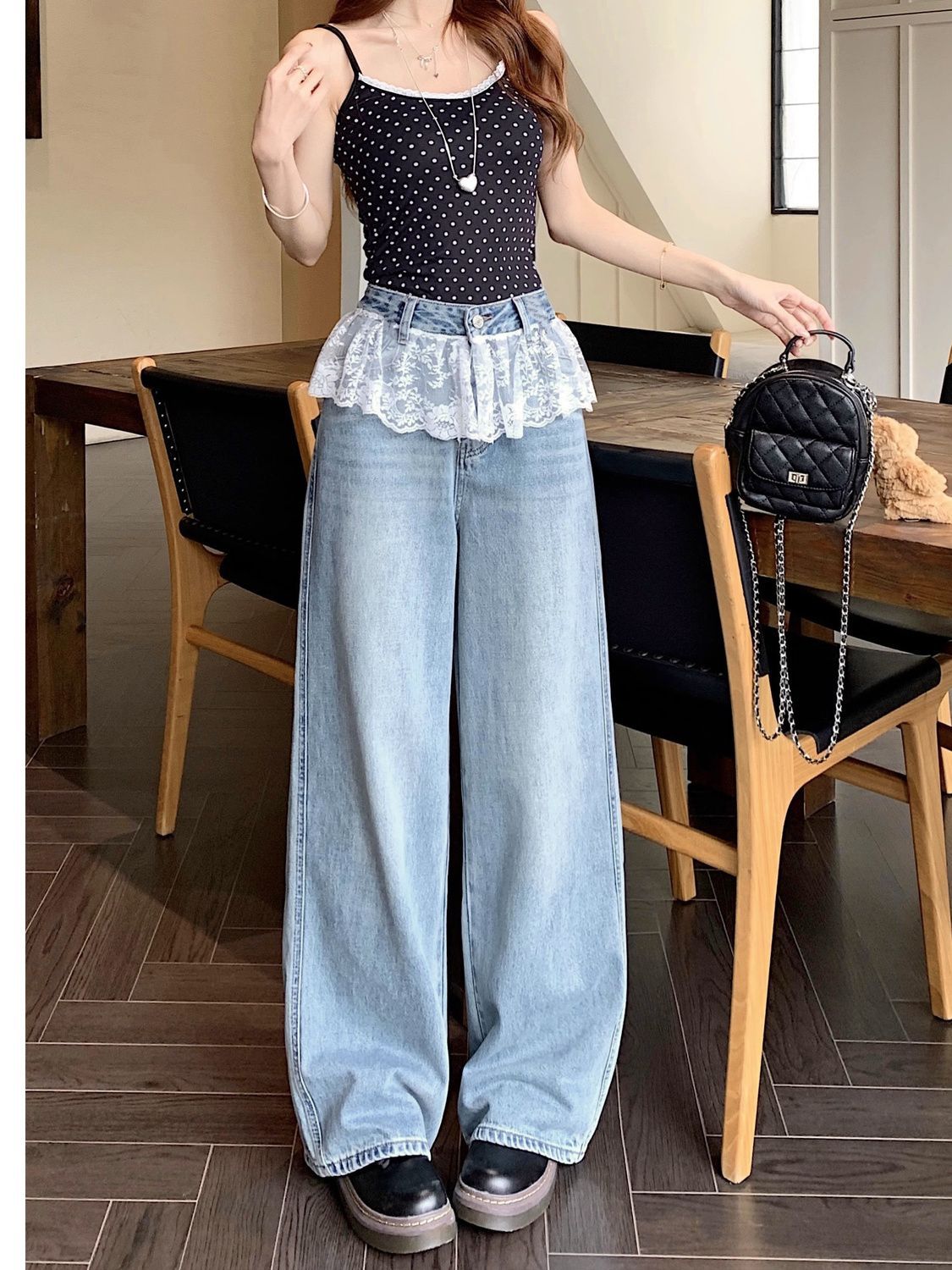 YANBEISI美式拼接設計闊腿牛仔褲女高腰直筒寬松顯瘦蕾絲花邊褲子