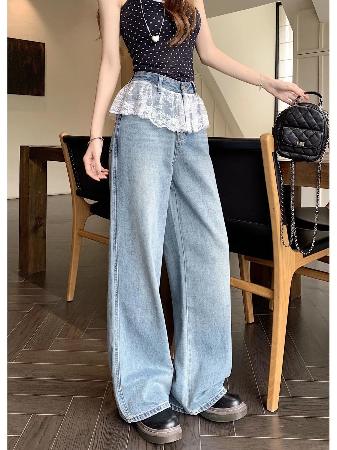 YANBEISI美式拼接設計闊腿牛仔褲女高腰直筒寬松顯瘦蕾絲花邊褲子