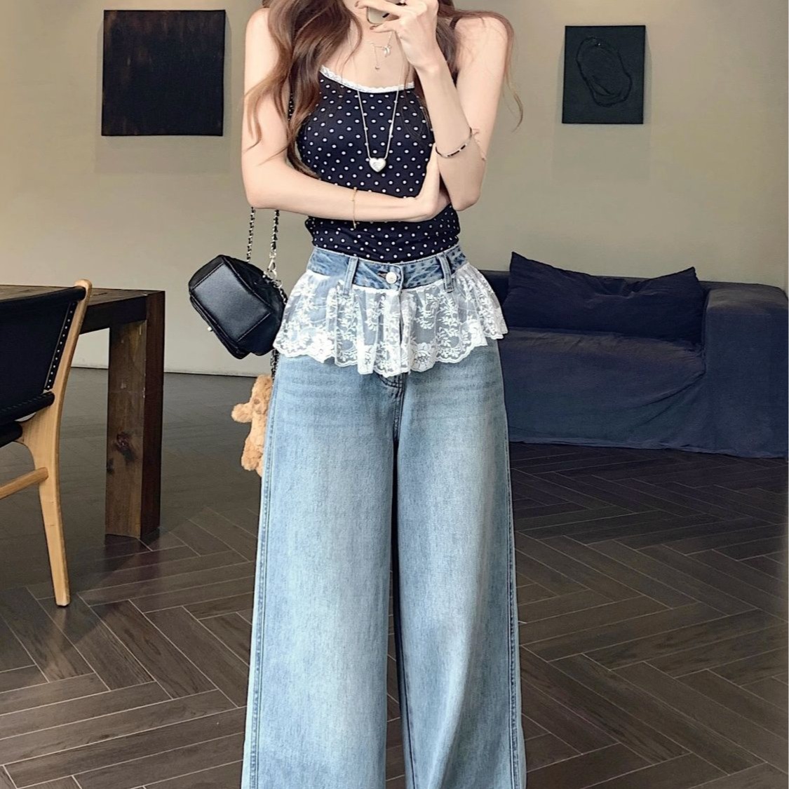 YANBEISI美式拼接設計闊腿牛仔褲女高腰直筒寬松顯瘦蕾絲花邊褲子