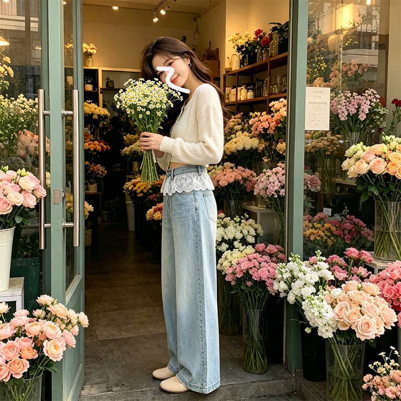 花邊蕾絲拼接闊腿牛仔褲女2026夏新款高腰寬松設計褲子直筒拖地褲