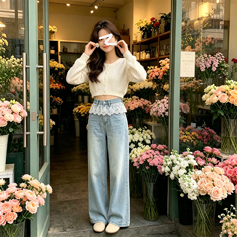 花邊蕾絲拼接闊腿牛仔褲女2026夏新款高腰寬松設計褲子直筒拖地褲