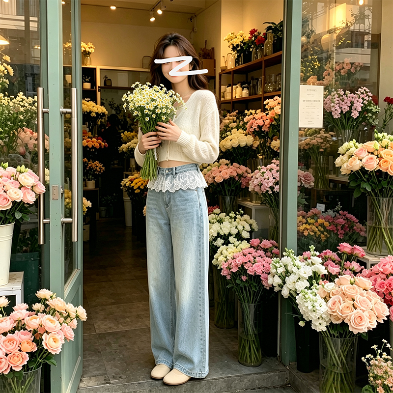 花邊蕾絲拼接闊腿牛仔褲女2026夏新款高腰寬松設計褲子直筒拖地褲