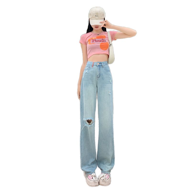 破洞窄版牛仔褲女2026年夏季薄款高腰顯瘦垂感超火拖地褲直筒褲子