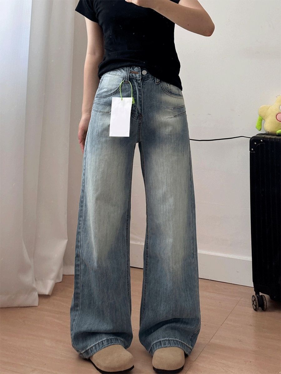 145小個子美式水洗藍色闊腿牛仔褲女設計感高腰寬松直筒拖地長褲
