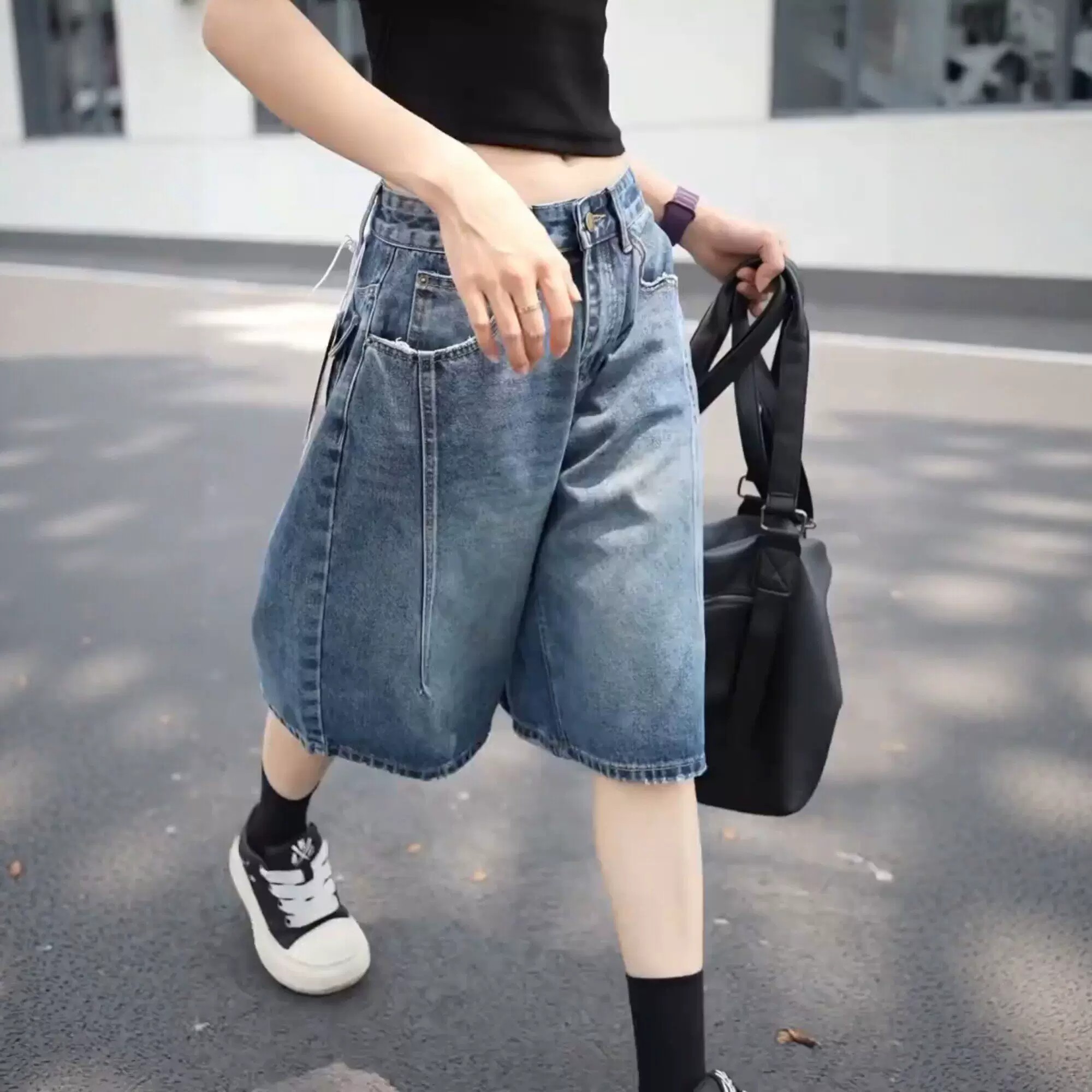 2026夏季新款高腰排扣牛仔短褲女復古美式洋氣顯瘦遮肉五分褲中褲
