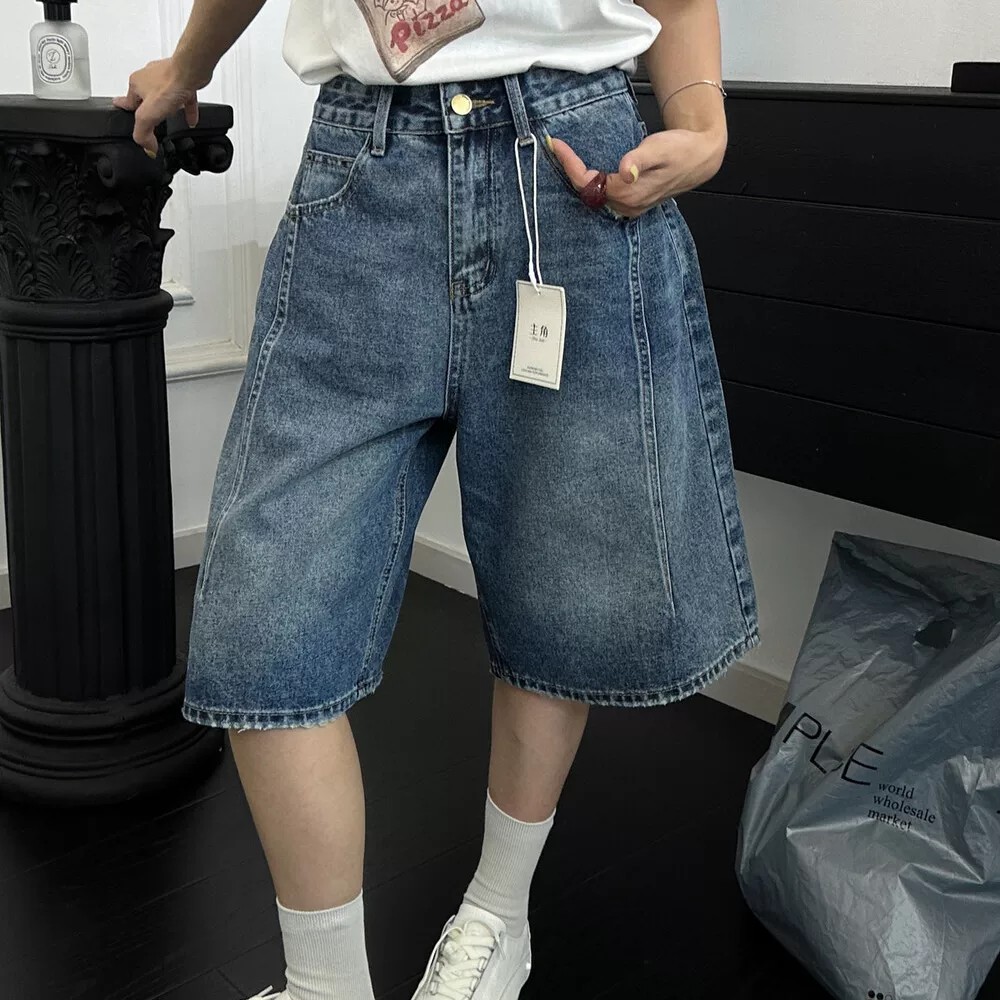 2026夏季新款小個子美式復古高腰牛仔短褲女寬松顯瘦闊腿五分褲