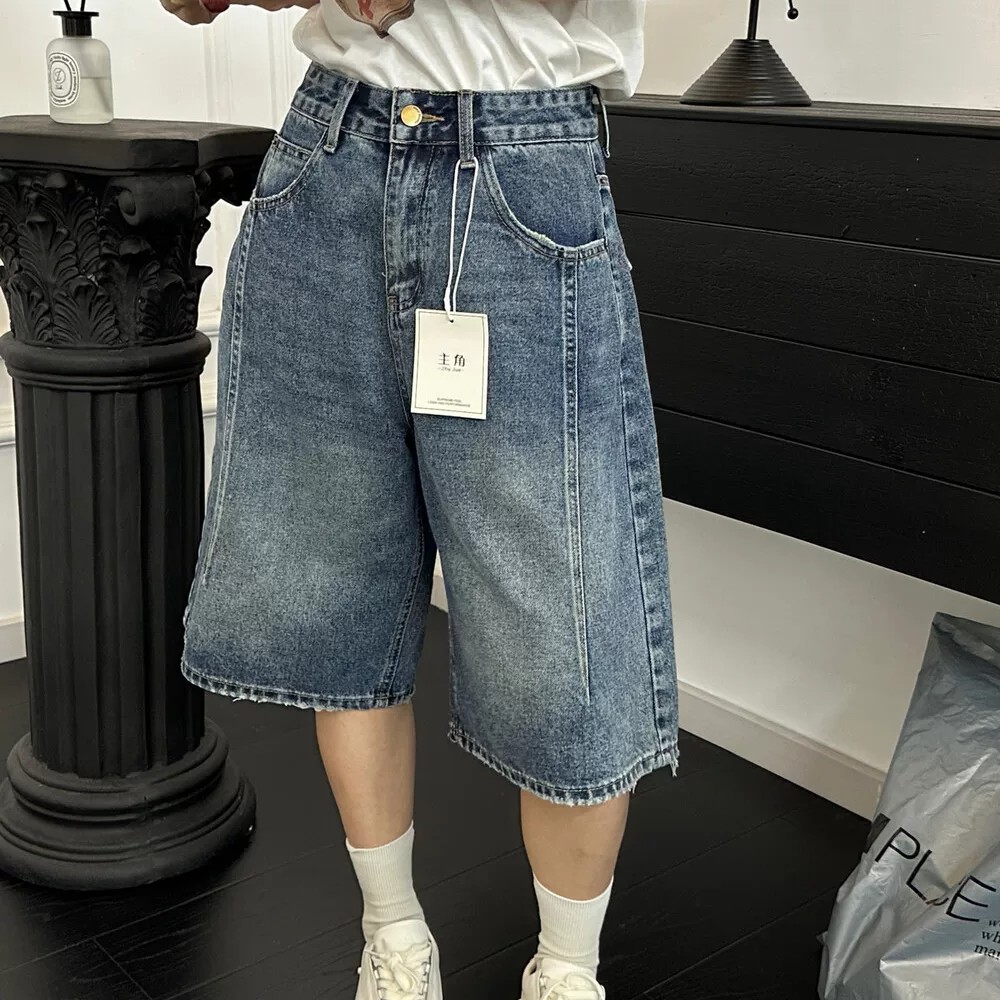 2026夏季新款小個子美式復古高腰牛仔短褲女寬松顯瘦闊腿五分褲
