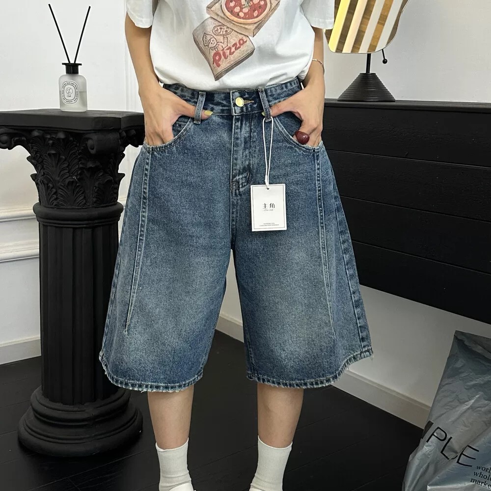 2026夏季新款小個子美式復古高腰牛仔短褲女寬松顯瘦闊腿五分褲