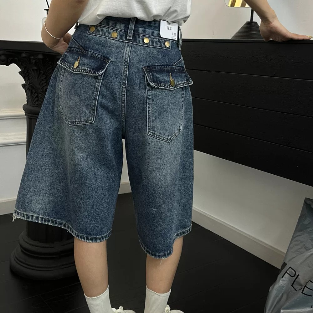 2026夏季新款小個子美式復古高腰牛仔短褲女寬松顯瘦闊腿五分褲