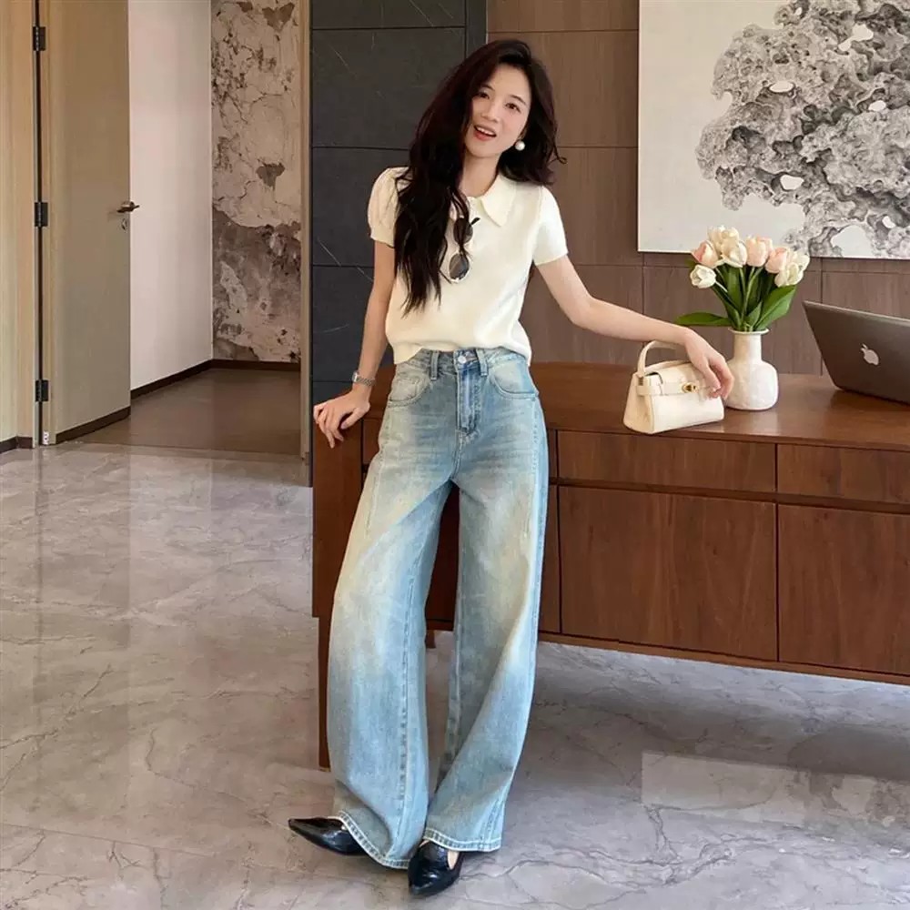 設計感小個子后袋翻蓋闊腿牛仔褲女春夏季2026新款高腰寬松彎刀褲