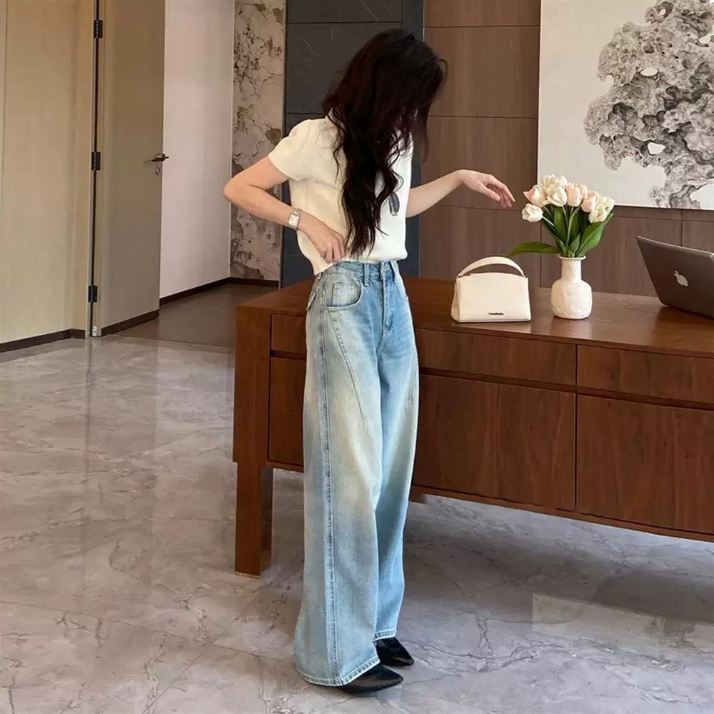 設計感小個子后袋翻蓋闊腿牛仔褲女春夏季2026新款高腰寬松彎刀褲