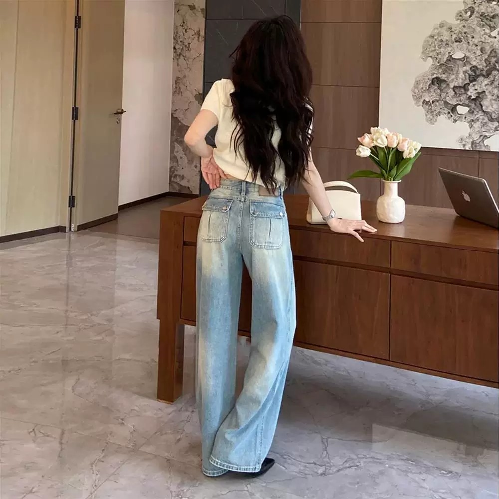 設計感小個子后袋翻蓋闊腿牛仔褲女春夏季2026新款高腰寬松彎刀褲