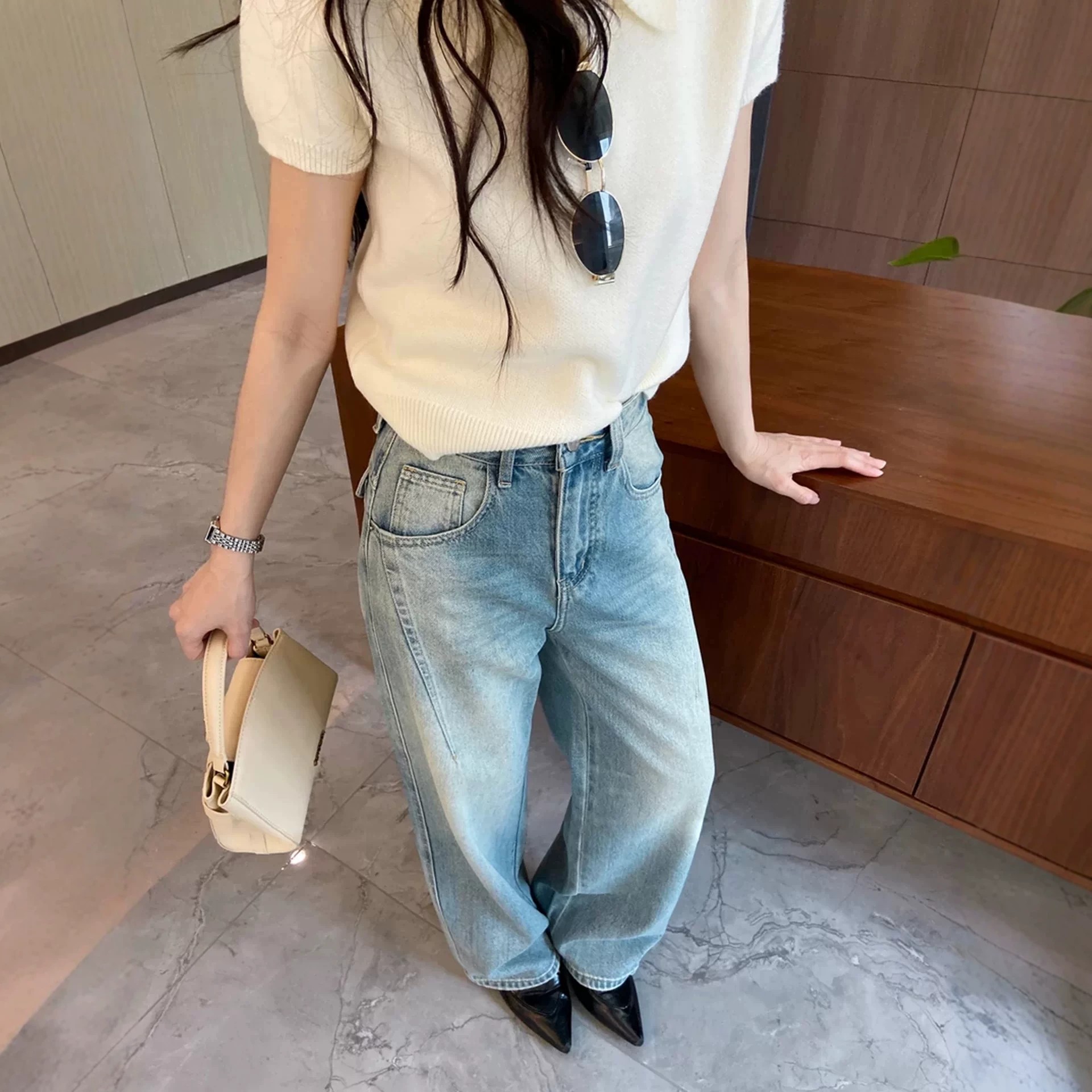設計感小個子后袋翻蓋闊腿牛仔褲女春夏季2026新款高腰寬松彎刀褲