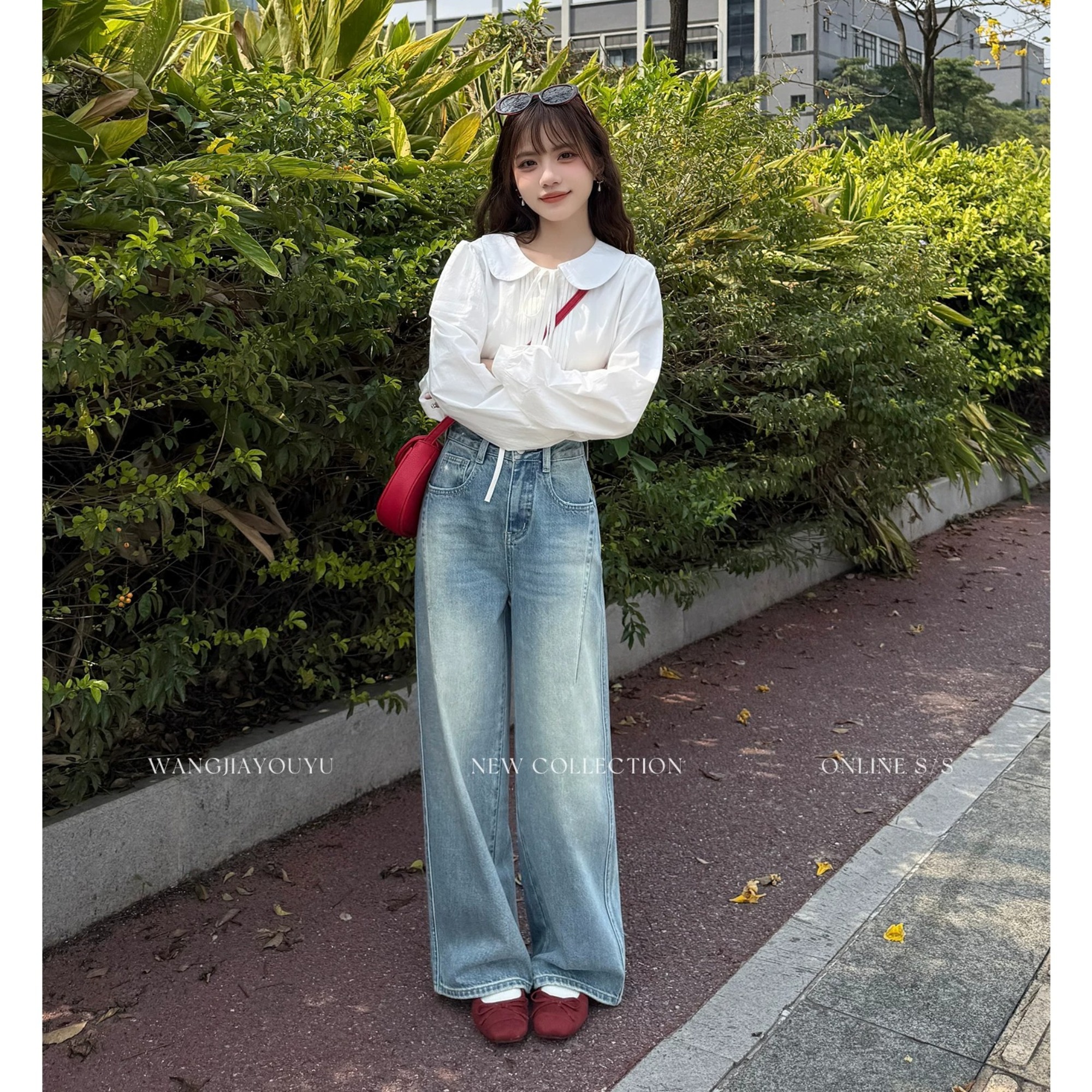 王家有魚小個子定制2026夏季新款復古藍彎刀闊腿褲百搭牛仔褲