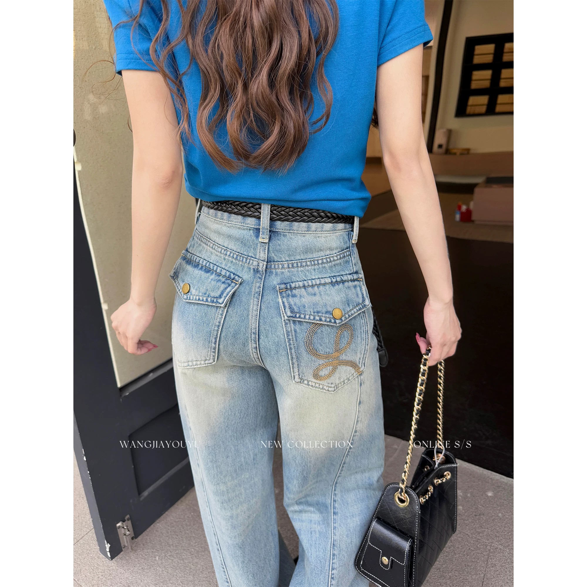 王家有魚小個子定制夏季新款窄版彎刀闊腿褲復古藍牛仔褲女刺繡